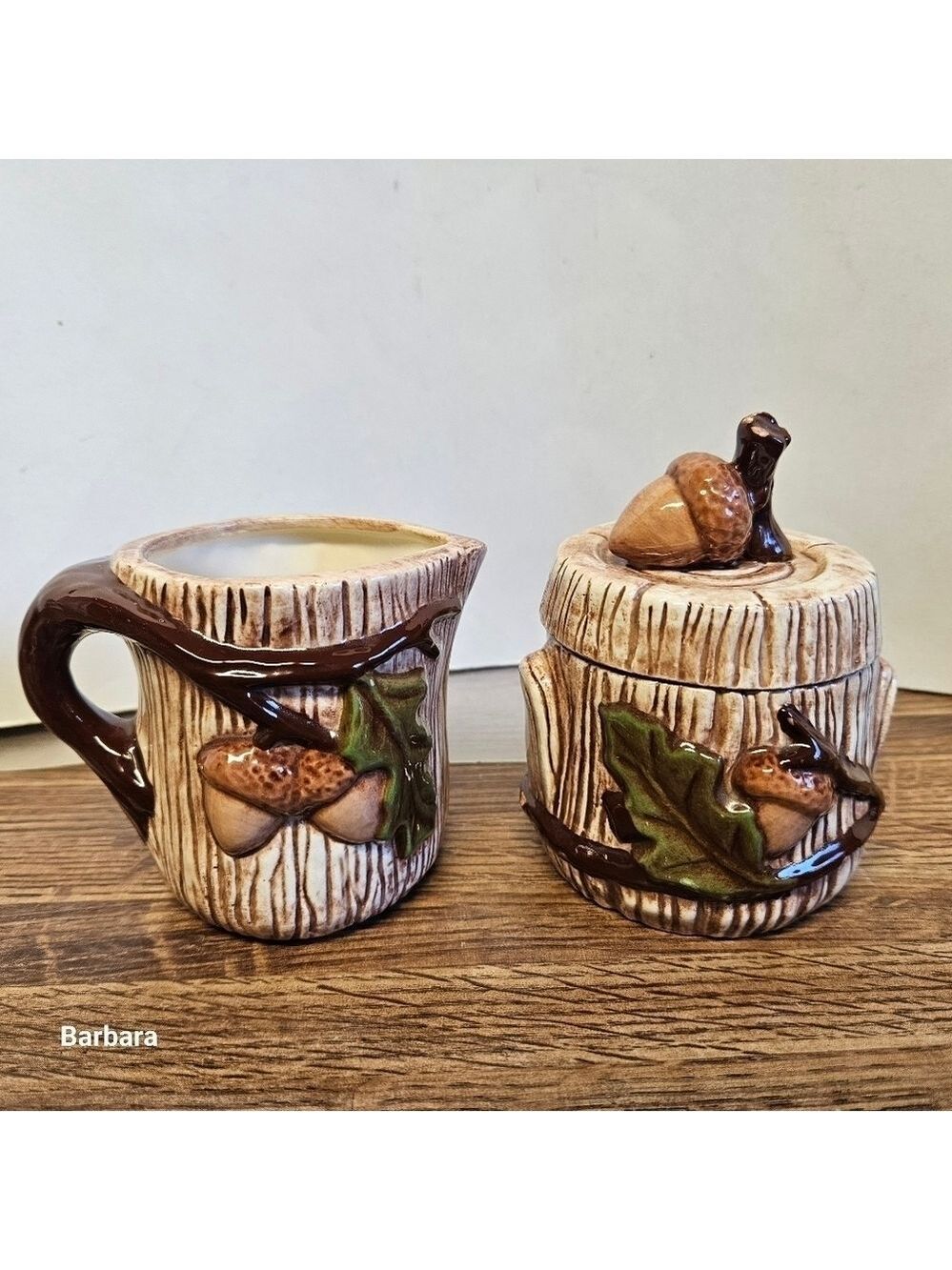 Vintage 80s Dimensional Ceramic Acorn Branch on Stump Sugar and Creamer Set